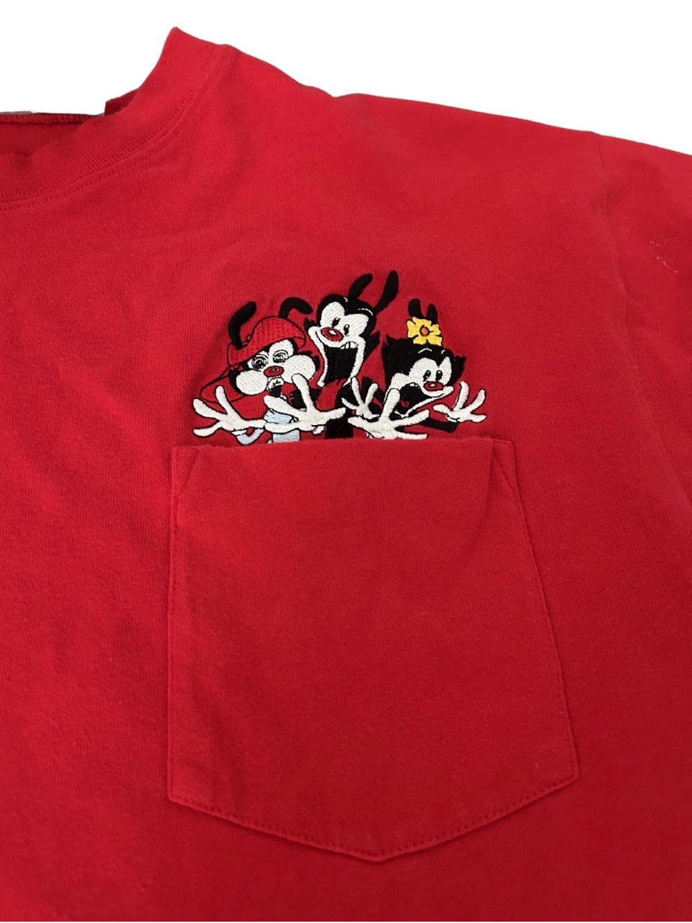 Vintage 90s Deadstock Animaniacs Embroidered Pocket Crew Tee | Red | Unisex S